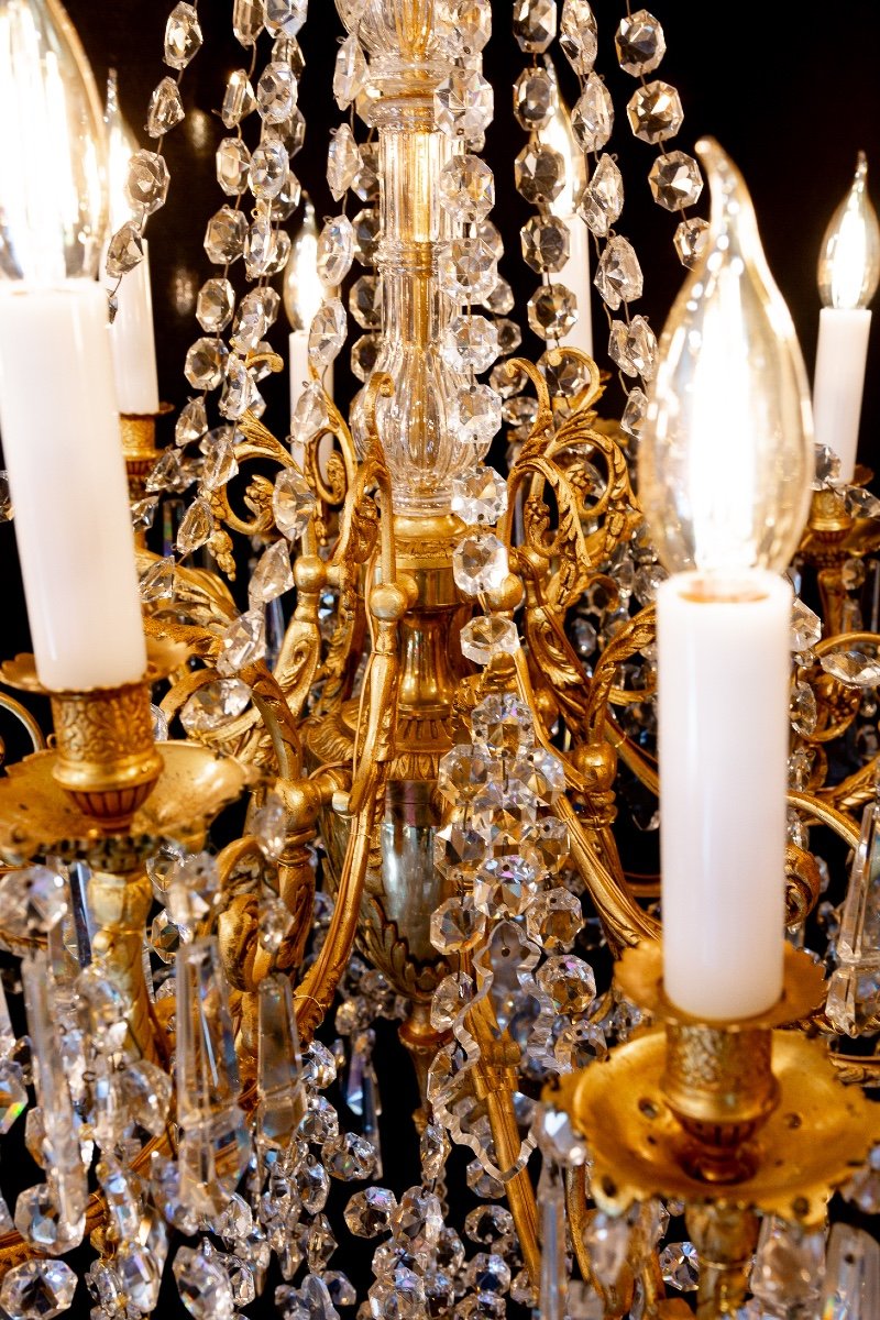 Louis XVI Style Chandelier In The Shape Of A Rod In Chiseled Gilded Bronze And Cut Crystal Signed Portieux-photo-4