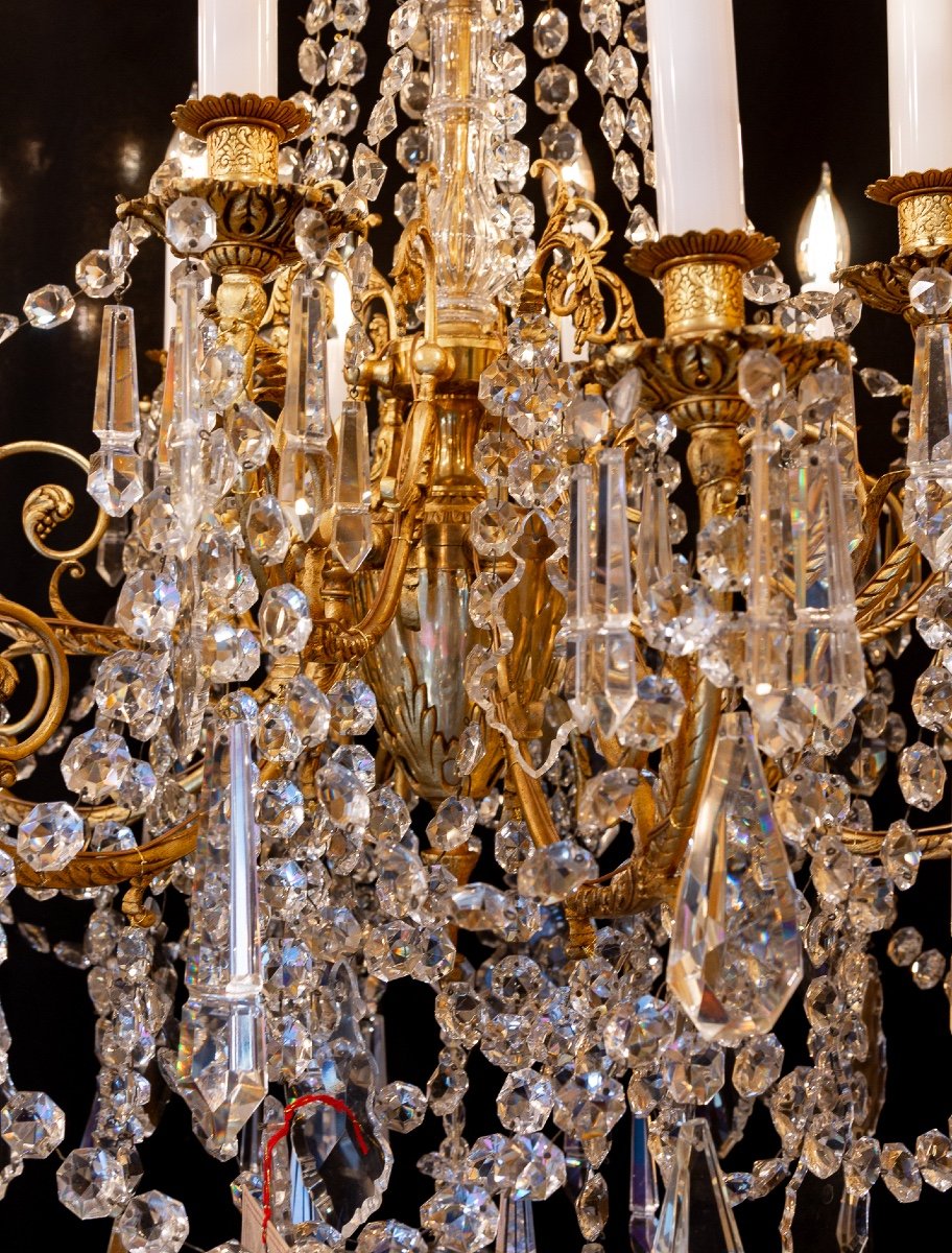 Louis XVI Style Chandelier In The Shape Of A Rod In Chiseled Gilded Bronze And Cut Crystal Signed Portieux-photo-3