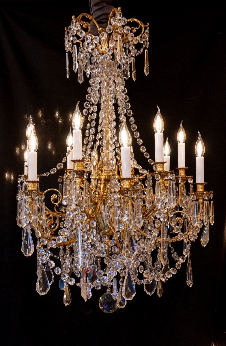 Louis XVI Style Chandelier In The Shape Of A Rod In Chiseled Gilded Bronze And Cut Crystal Signed Portieux-photo-8