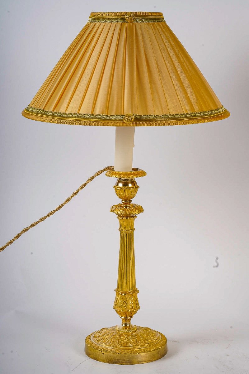 French Restoration Period Pair Of Chiseled Gilt Bronze Candlesticks Mounted As Lamps Circa 1820-photo-2