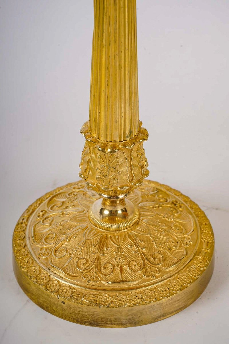 Paire De Flambeaux D’époque Restauration En Bronze Ciselé Et Doré Montés En Lampes Vers 1820-photo-3