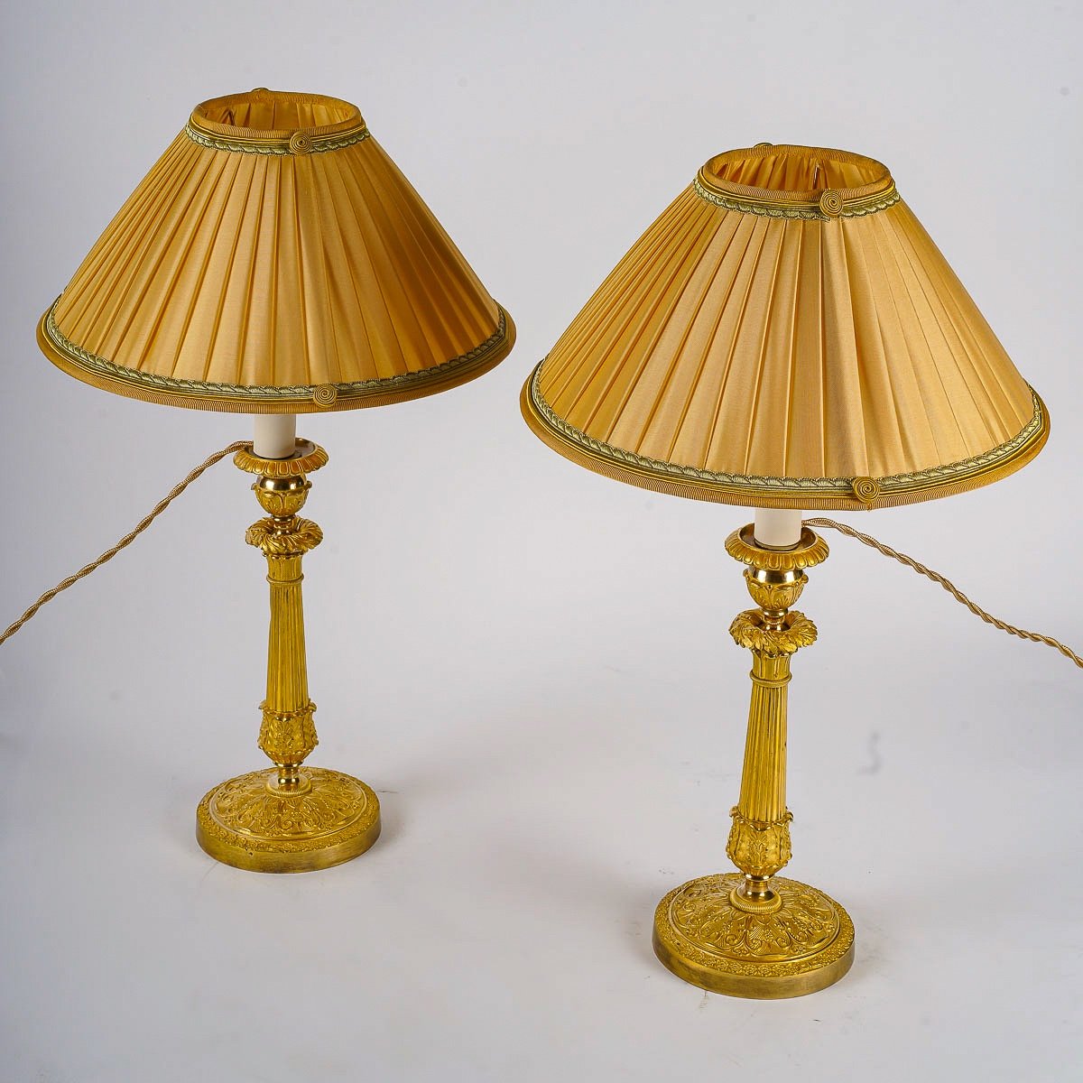 French Restoration Period Pair Of Chiseled Gilt Bronze Candlesticks Mounted As Lamps Circa 1820-photo-2