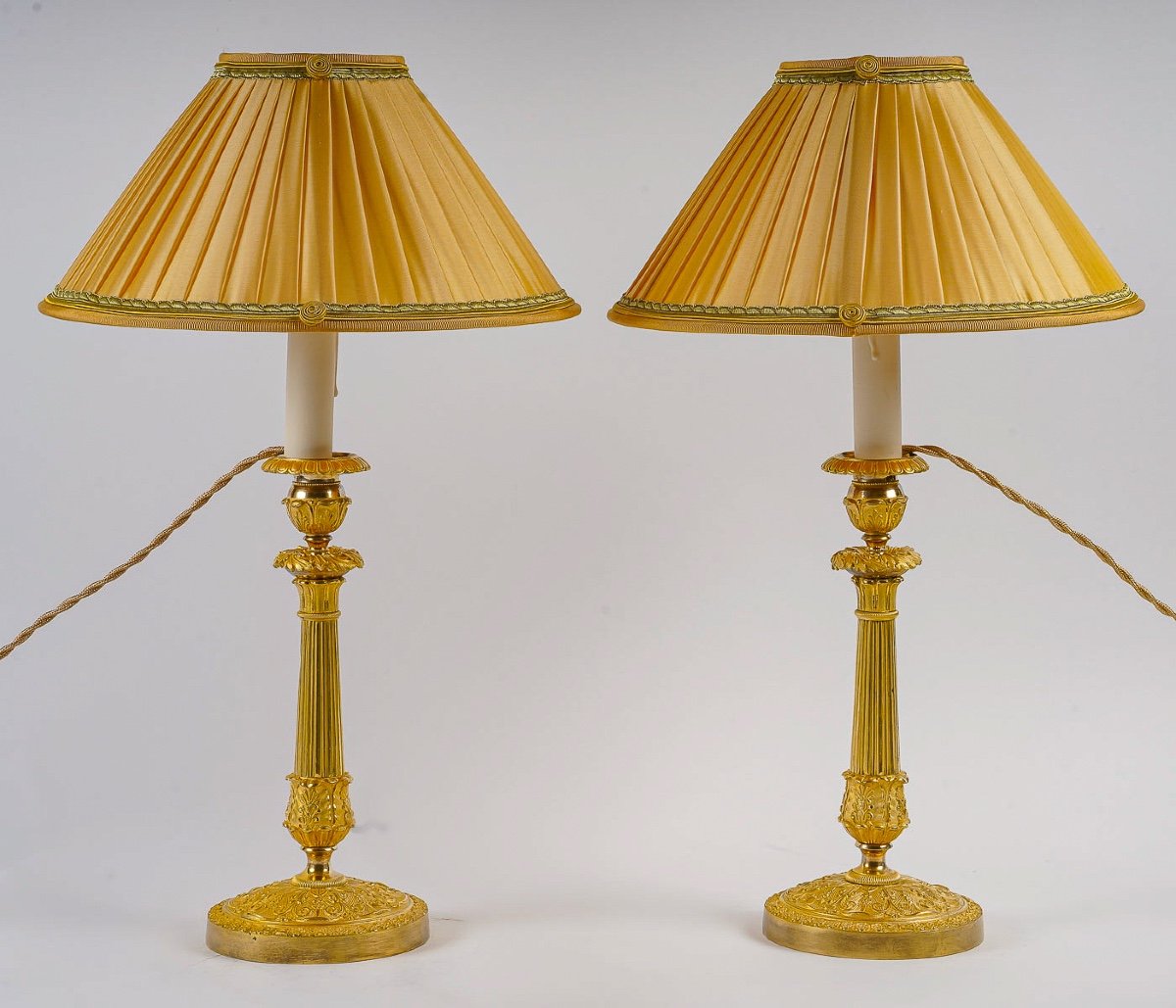 French Restoration Period Pair Of Chiseled Gilt Bronze Candlesticks Mounted As Lamps Circa 1820-photo-3