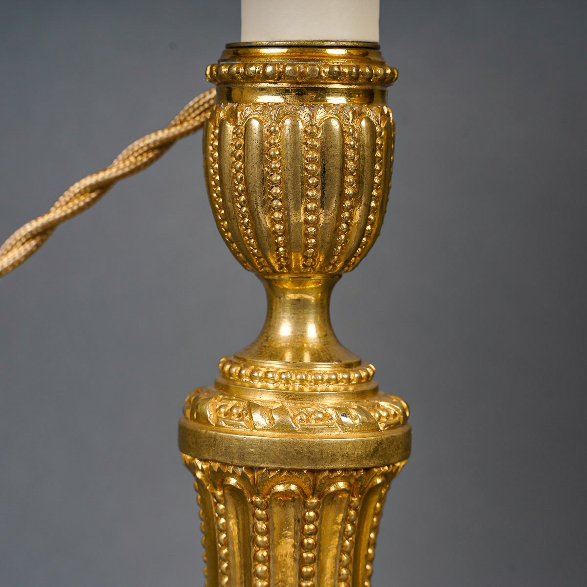 French Louis XVI Period Pair Of Chiseled Gilt Bronze Candlesticks Mounted As Lamps Circa 1780-photo-3