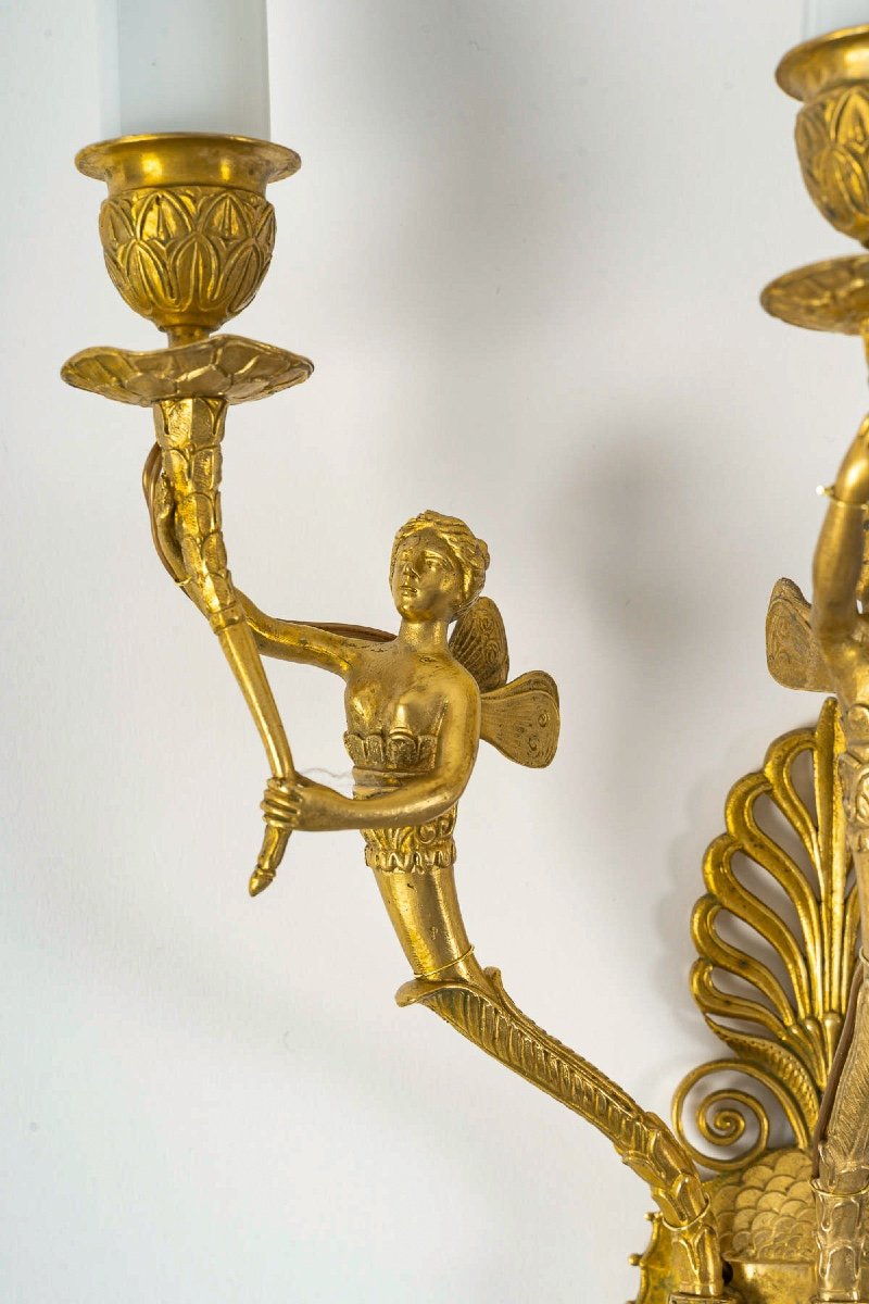 Set Of Eight French Empire-style Sconces In Chiseled Ormolu Decorated With Winged Women-photo-4