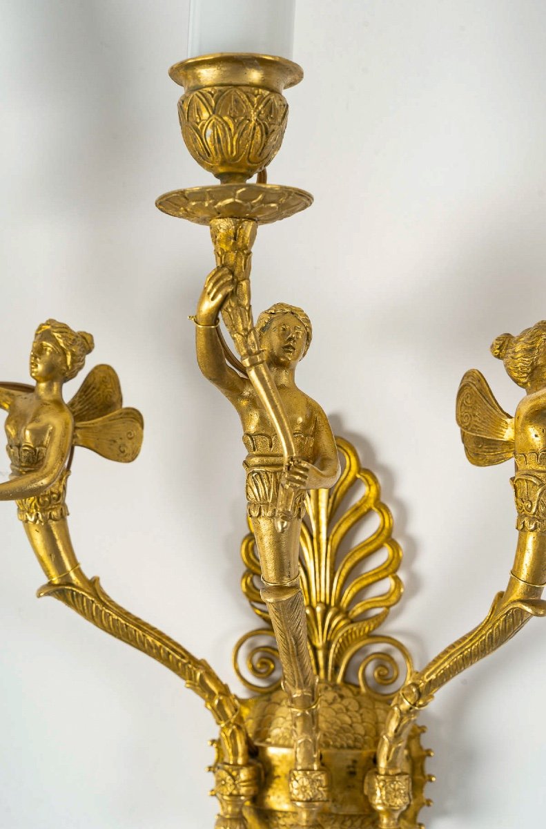 Set Of Eight French Empire-style Sconces In Chiseled Ormolu Decorated With Winged Women-photo-1