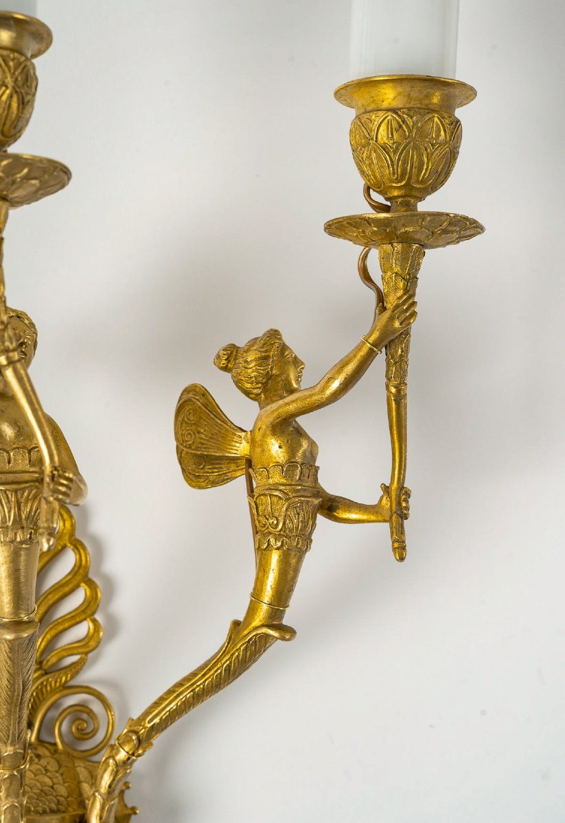 Set Of Eight French Empire-style Sconces In Chiseled Ormolu Decorated With Winged Women-photo-2