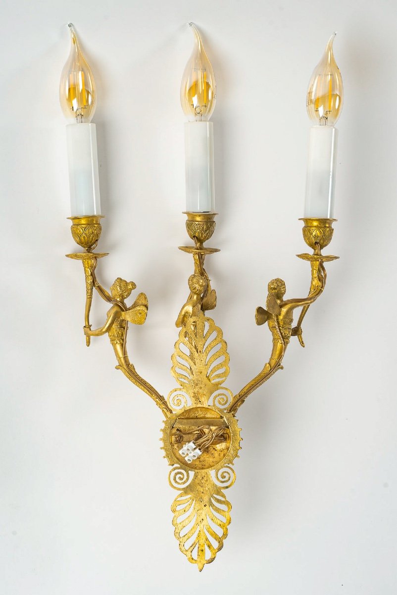 Set Of Eight French Empire-style Sconces In Chiseled Ormolu Decorated With Winged Women-photo-3