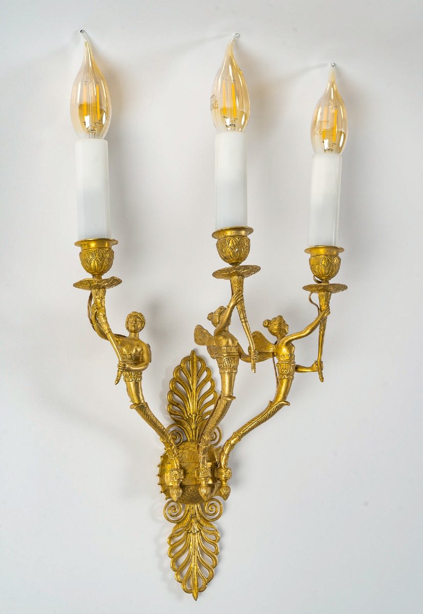 Set Of Eight French Empire-style Sconces In Chiseled Ormolu Decorated With Winged Women-photo-4