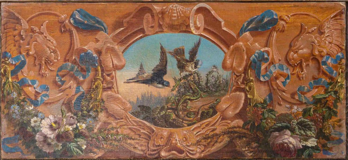 Alphonse Carrière (1808-1881) - Décor De Boiserie Composé De Six Natures Mortes Aux Oiseaux-photo-1