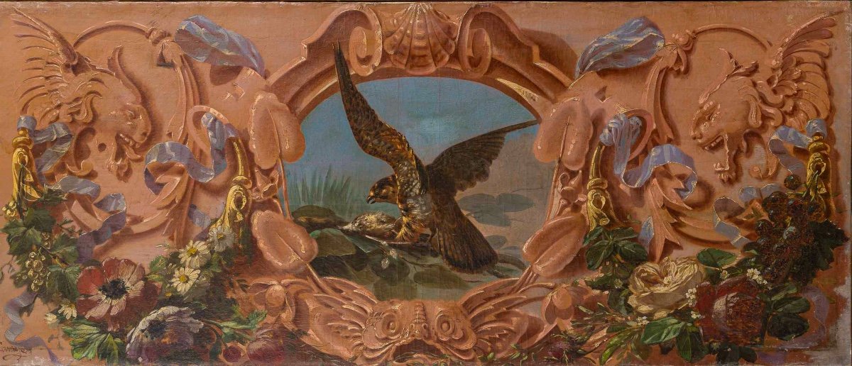 Alphonse Carrière (1808-1881) - Décor De Boiserie Composé De Six Natures Mortes Aux Oiseaux-photo-2