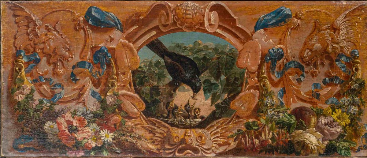 Alphonse Carrière (1808-1881) - Décor De Boiserie Composé De Six Natures Mortes Aux Oiseaux-photo-3