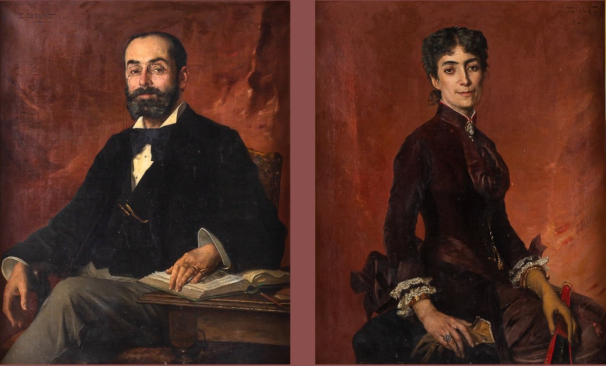 Edmond Louis Dupain - Portraits De Monsieur Et Madame Bellemer Huiles Sur Toiles Vers 1884