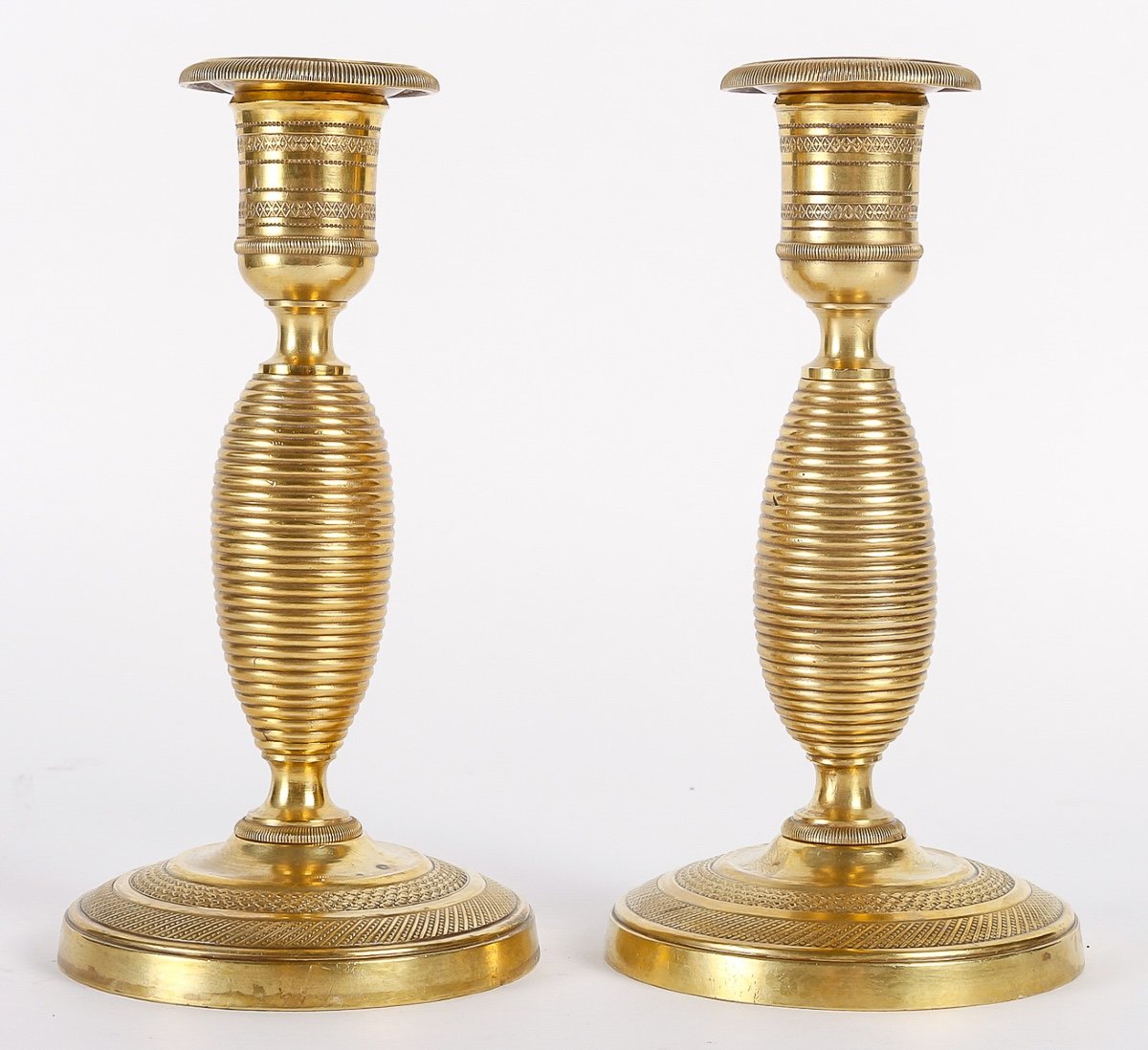 Paire De Petits Bougeoirs Dit Ragot En Bronze Ciselé Et Doré époque Empire Vers 1810