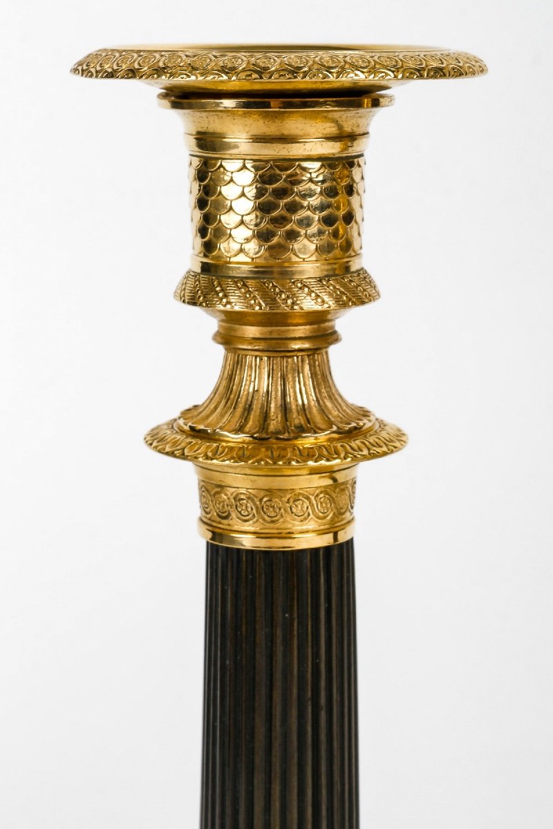 Pair Of Empire Period Candlesticks Mounted As Lamps In Patinated And Gilded Bronze Circa 1810-photo-1