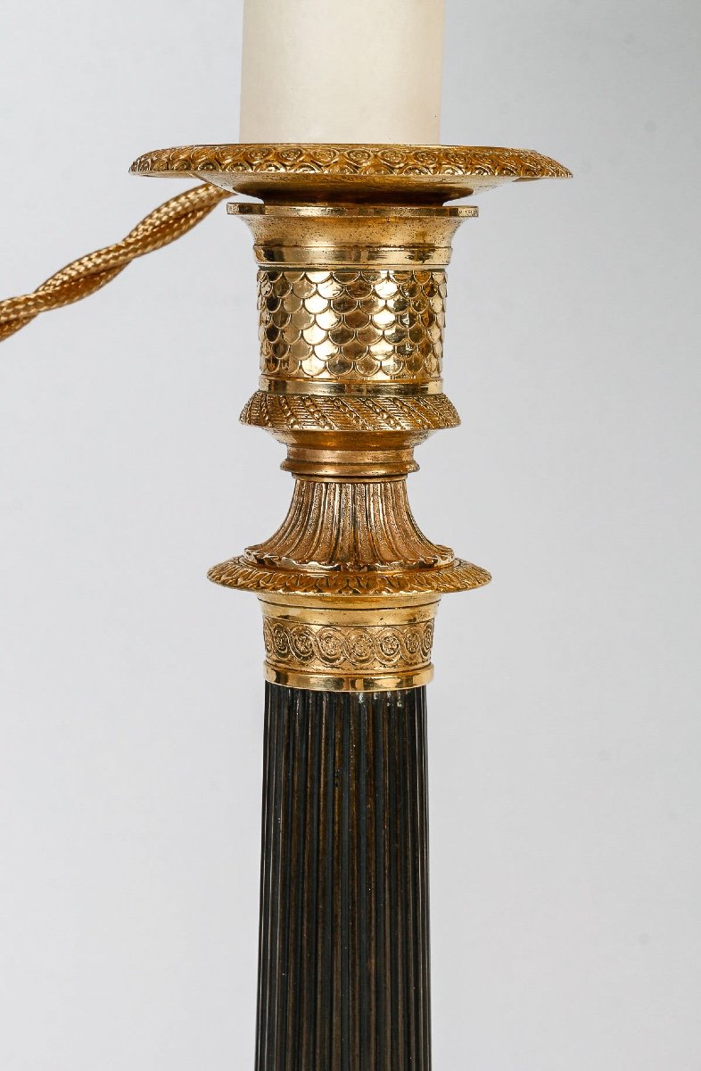 Pair Of Empire Period Candlesticks Mounted As Lamps In Patinated And Gilded Bronze Circa 1810-photo-2