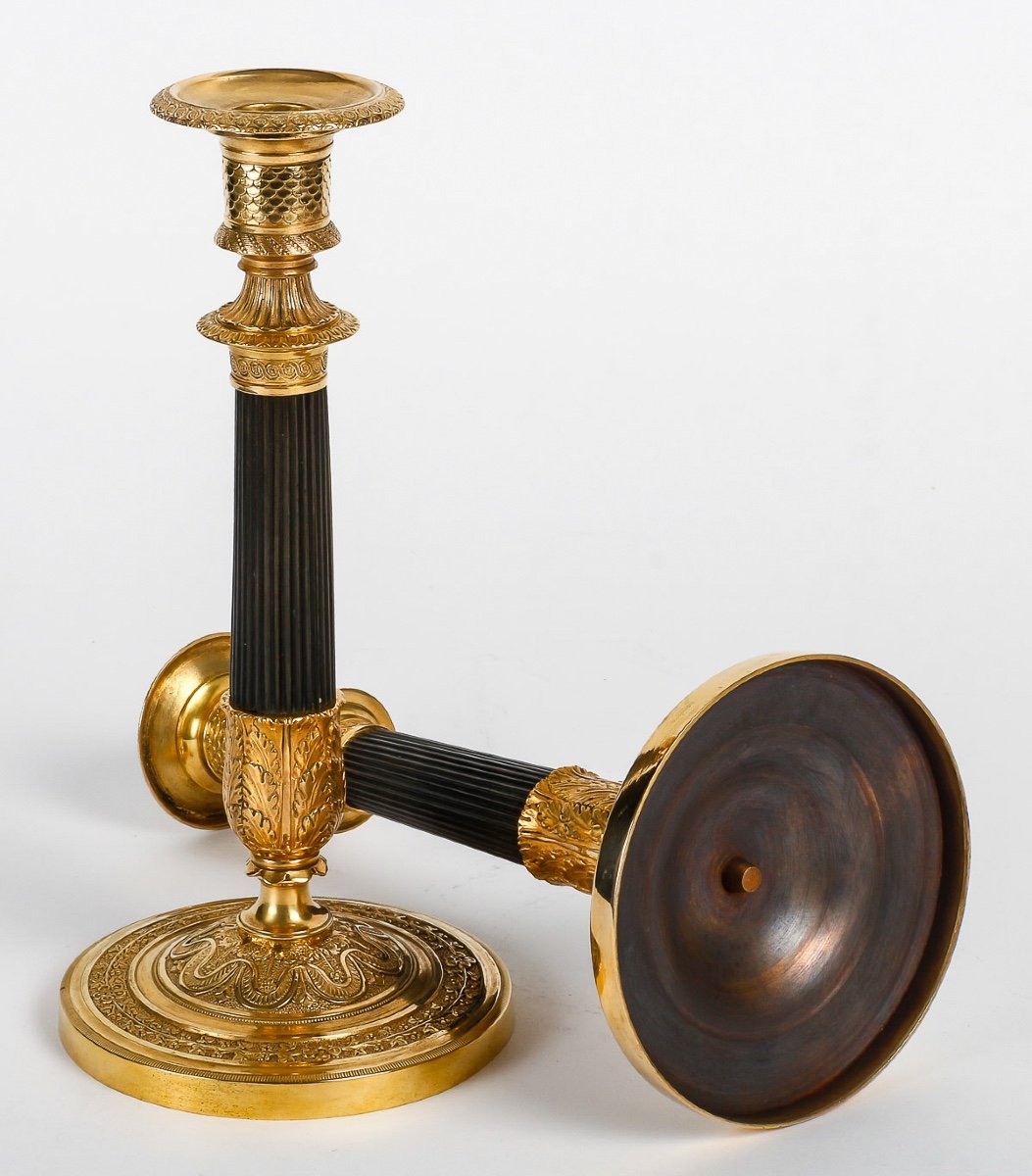 Pair Of Empire Period Candlesticks Mounted As Lamps In Patinated And Gilded Bronze Circa 1810-photo-6