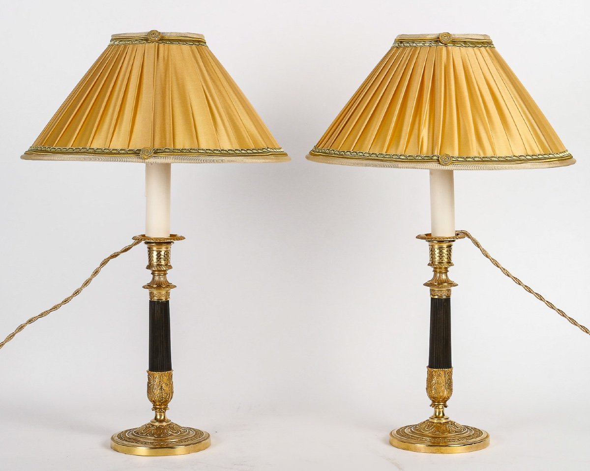 Pair Of Empire Period Candlesticks Mounted As Lamps In Patinated And Gilded Bronze Circa 1810-photo-8