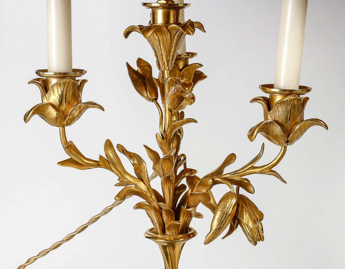 Paire De Candélabres Montés En Lampes De Style Louis XVI En Bronze à Décor De Faunes Vers 1860-photo-3