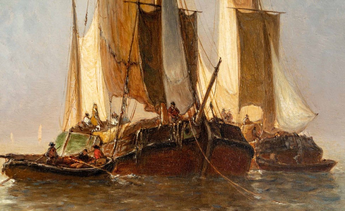 Paul Jean Clays (1817-1900) Bateaux De Pêche En Mer Du Nord Huile Sur Panneau D’acajou 1864-photo-4