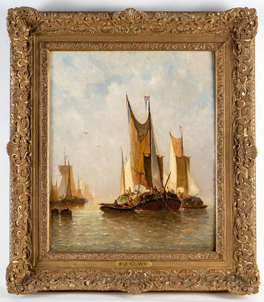 Paul Jean Clays (1817-1900) Bateaux De Pêche En Mer Du Nord Huile Sur Panneau D’acajou 1864