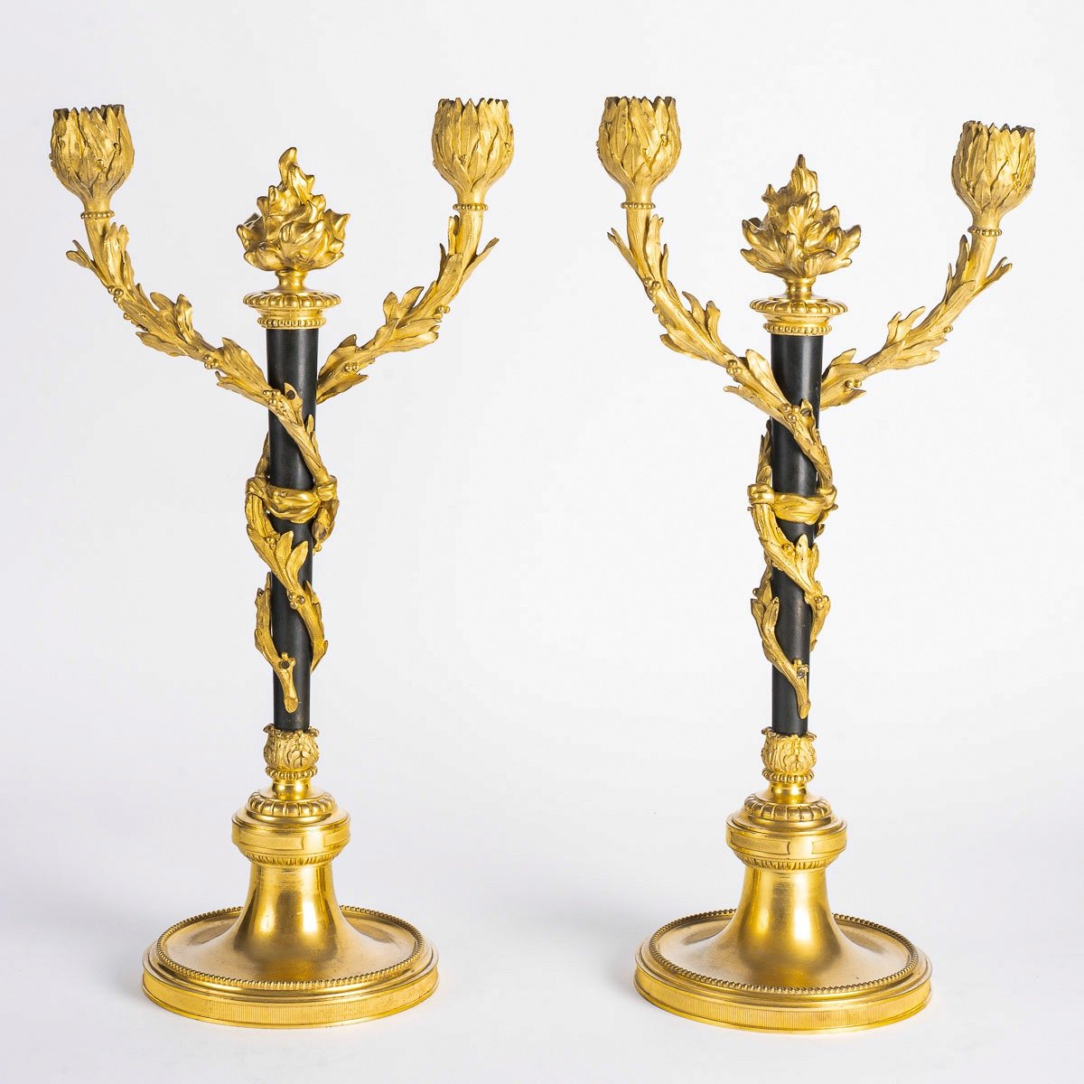 A Pair Of Louis XVI Style Ormolu And Patinated Bronze Candelabra Circa 1880