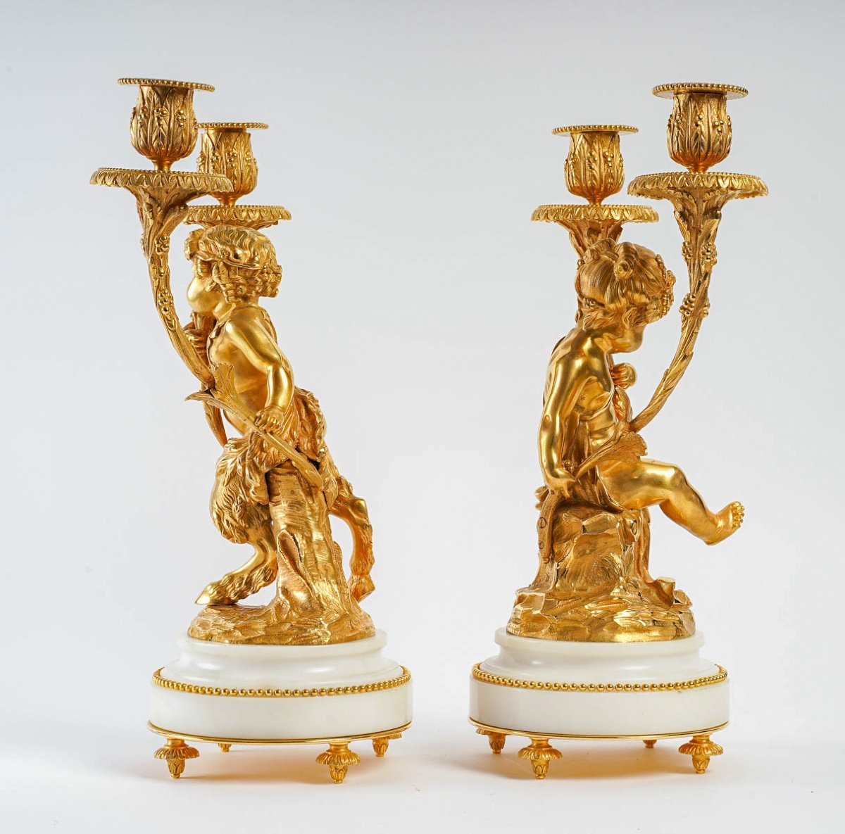 Pair Of Gilt Bronze Candelabras Love And Satyr After Clodion And Delarue Circa 1850-1860-photo-3