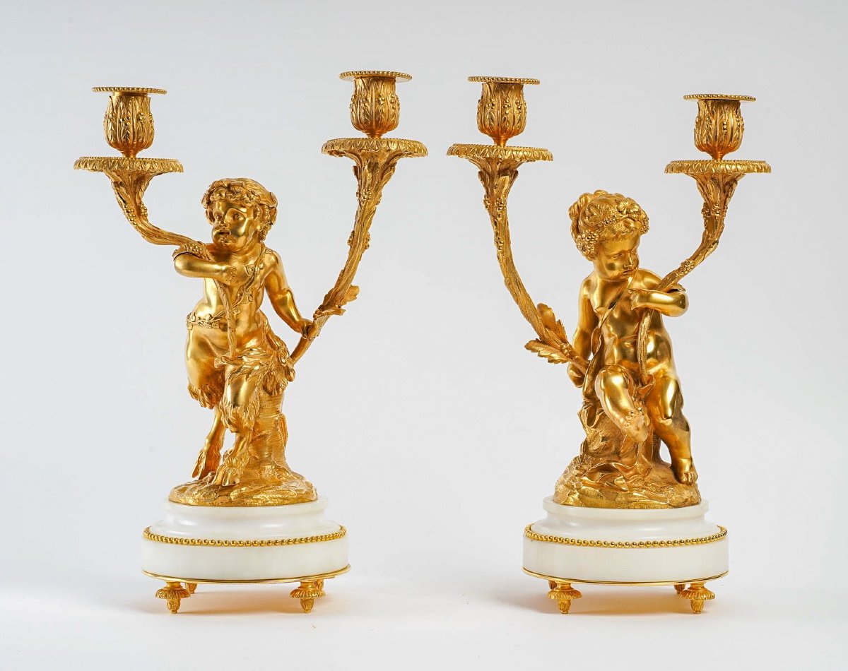 Pair Of Gilt Bronze Candelabras Love And Satyr After Clodion And Delarue Circa 1850-1860