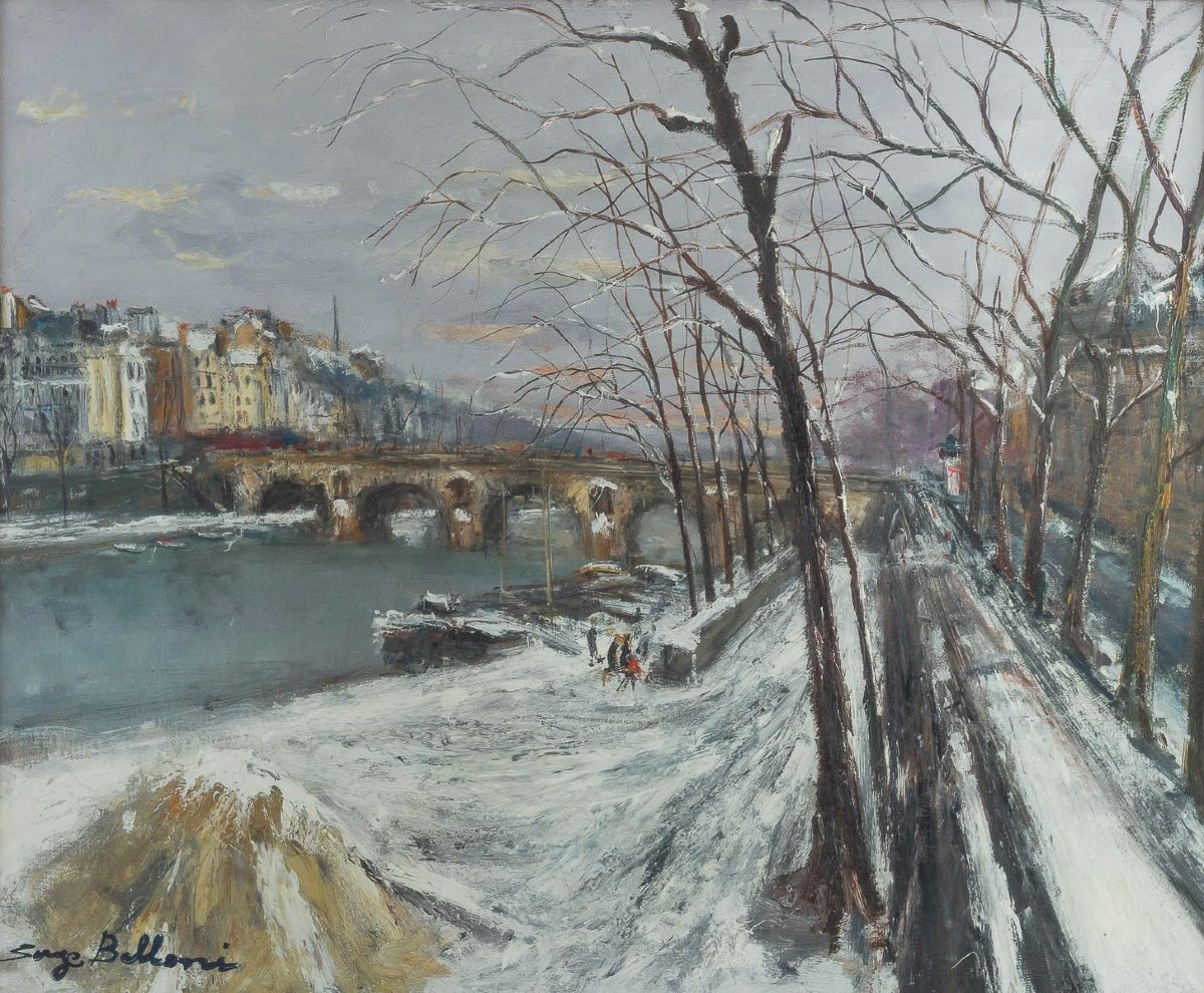 Serge Belloni (1925-2005)  Le Pont Marie Et L’ile Saint-louis Sous La Neige Huile Sur Toile-photo-2