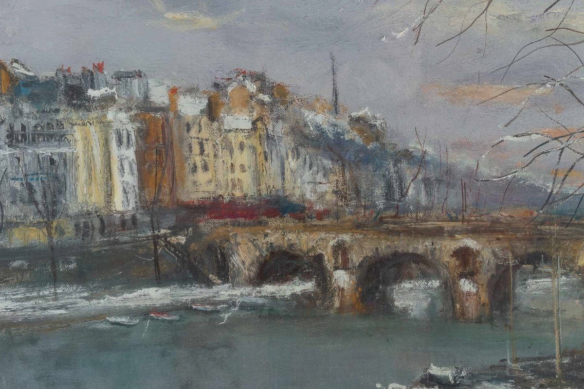 Serge Belloni (1925-2005)  Le Pont Marie Et L’ile Saint-louis Sous La Neige Huile Sur Toile-photo-4