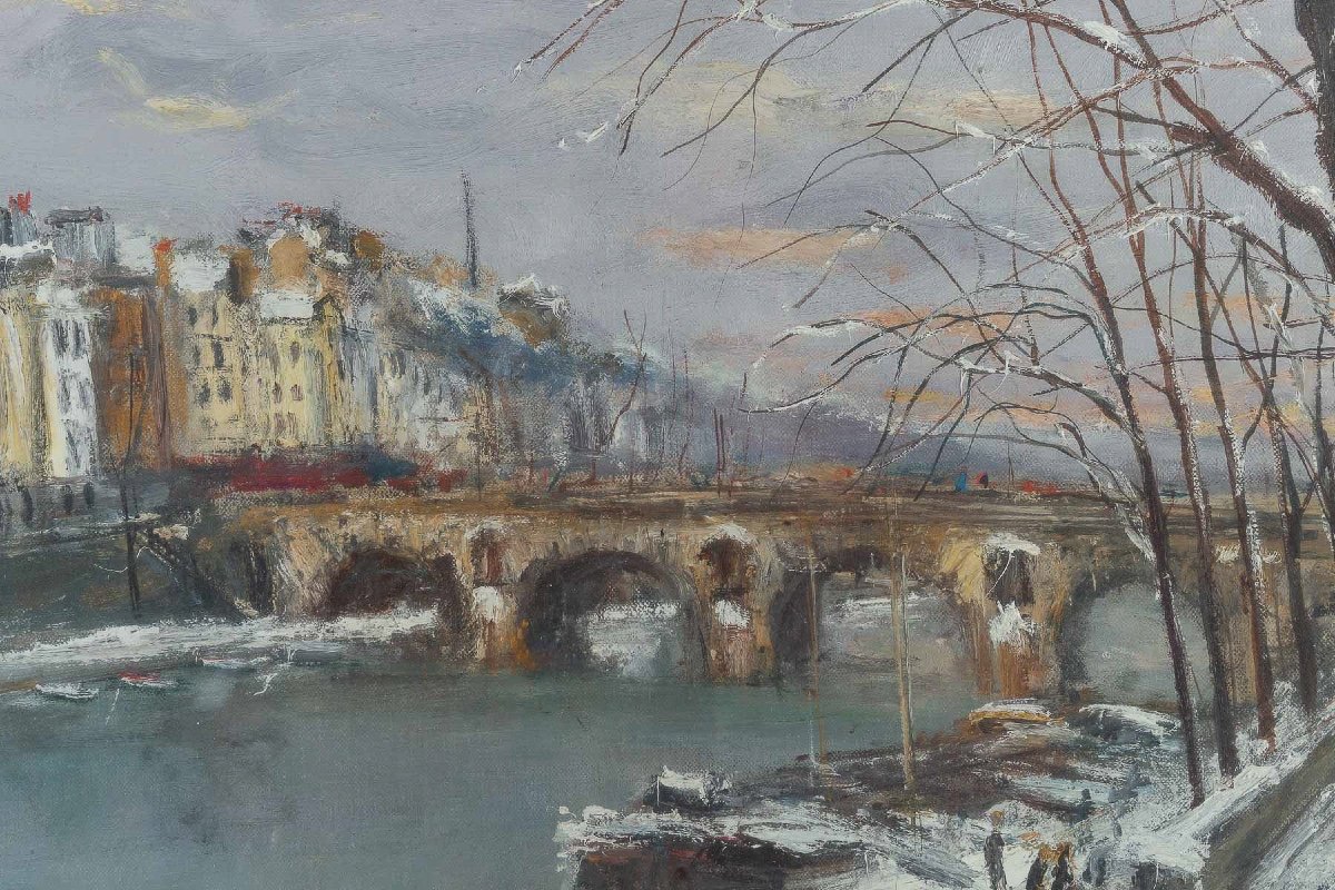 Serge Belloni (1925-2005)  Le Pont Marie Et L’ile Saint-louis Sous La Neige Huile Sur Toile-photo-3