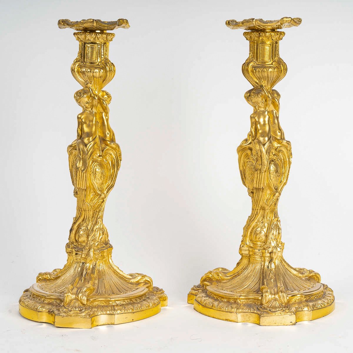 After Juste-aurèle Meissonnier Pair Of Gilt Bronze Candlesticks In The Louis XV Style