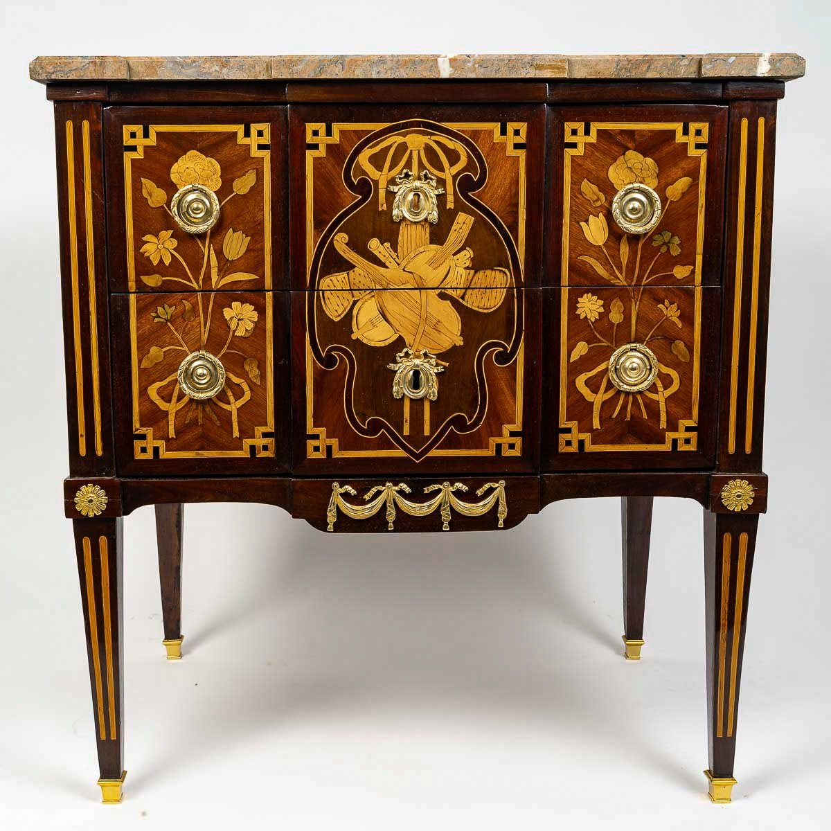 Commode Sauteuse à Ressaut à Marqueterie D’instruments De Musique, époque Louis XVI Vers 1780-photo-3