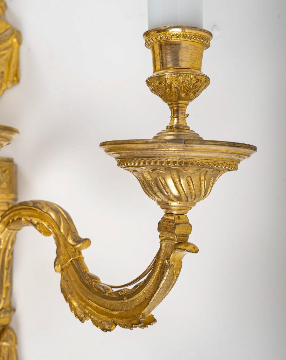 Paire D’appliques à Trois Bras De Lumières De Style Louis XVI En Bronze Doré Vers 1850-photo-4