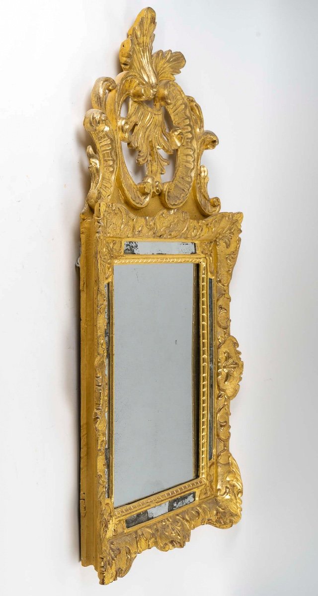 Miroir à Parecloses En Bois Doré Fronton Ajouré D’époque Régence Vers 1720-photo-3