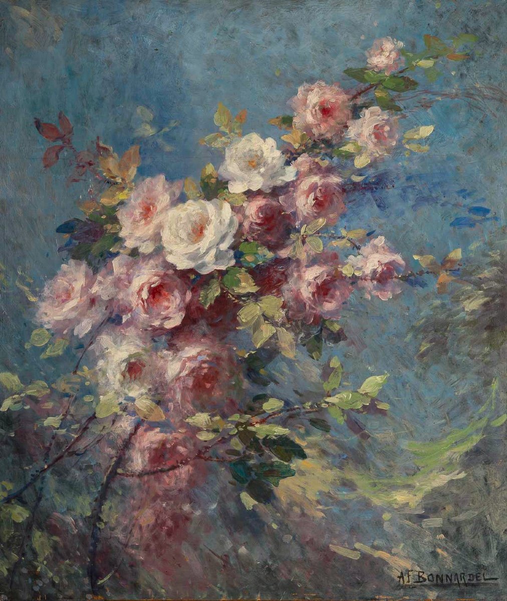 Alexandre François Bonnardel (1867-1942) The Rose Branch Oil On Wood Circa 1900-photo-2