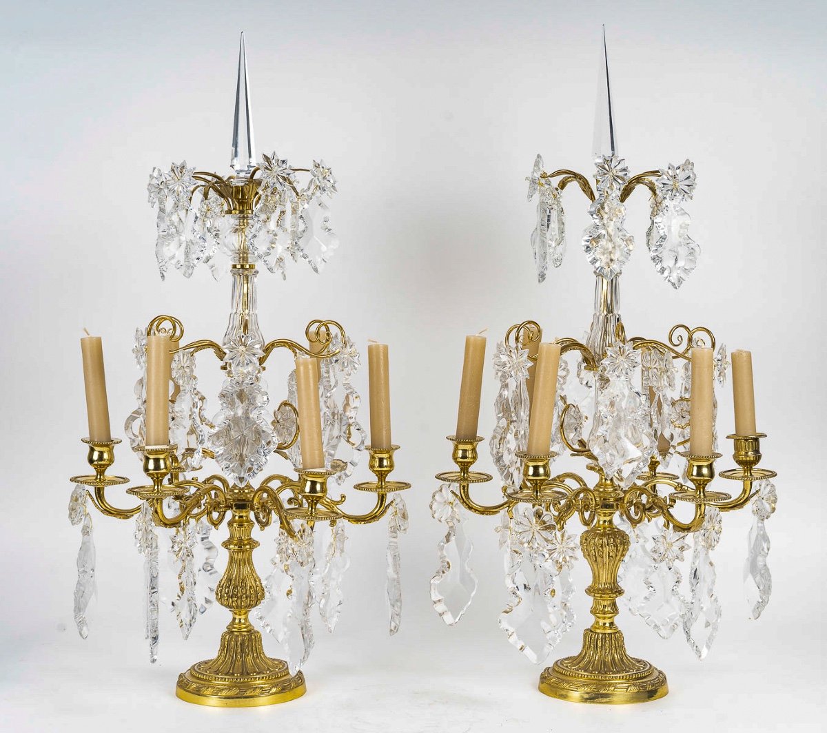 Paire De Girandoles Baccarat De Style Louis XVI En Bronze Doré Et Décor De Cristal Vers 1870-photo-6