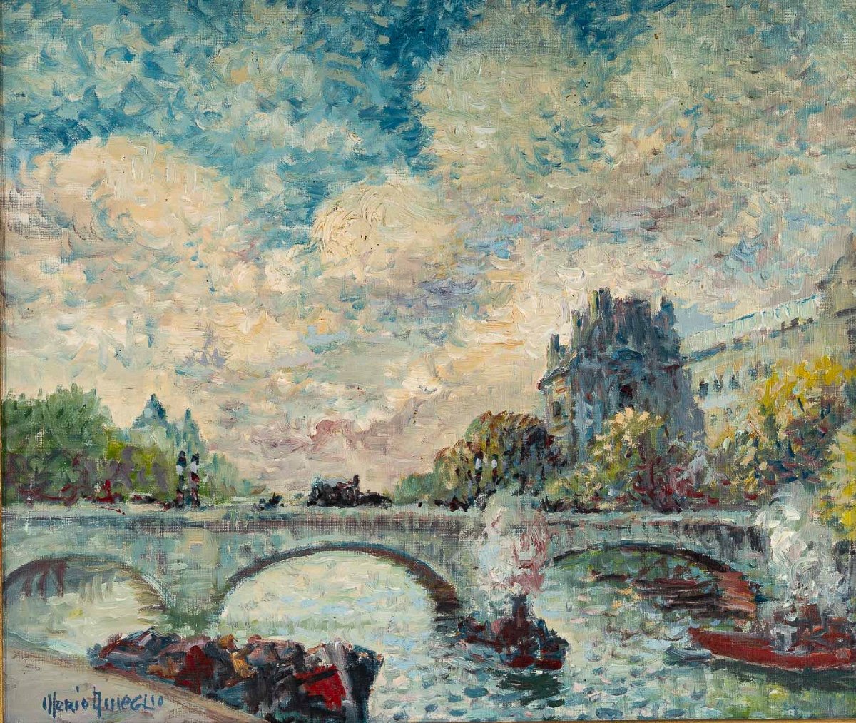 Mério Ameglio (1897-1970) View Of The Pont-neuf Oil On Canvas Circa 1950-photo-2