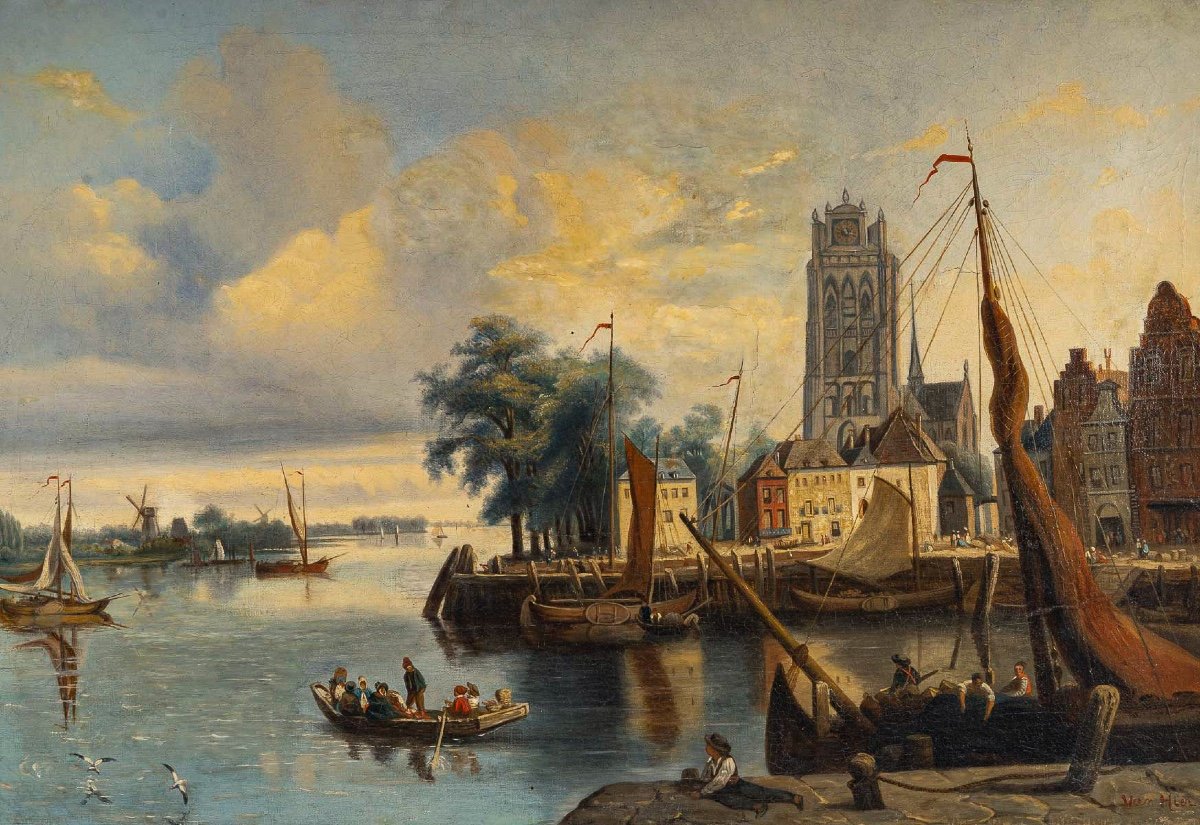 Joachim Hierschel De Minerbi (1834-1905) Vue De La Grote Kerk De Dordrecht Huile Sur Toile-photo-2