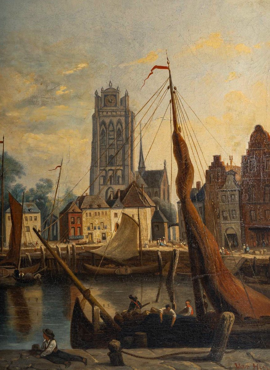 Joachim Hierschel De Minerbi (1834-1905) Vue De La Grote Kerk De Dordrecht Huile Sur Toile-photo-4