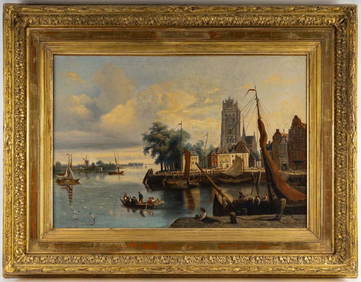 Joachim Hierschel De Minerbi (1834-1905) Vue De La Grote Kerk De Dordrecht Huile Sur Toile-photo-7