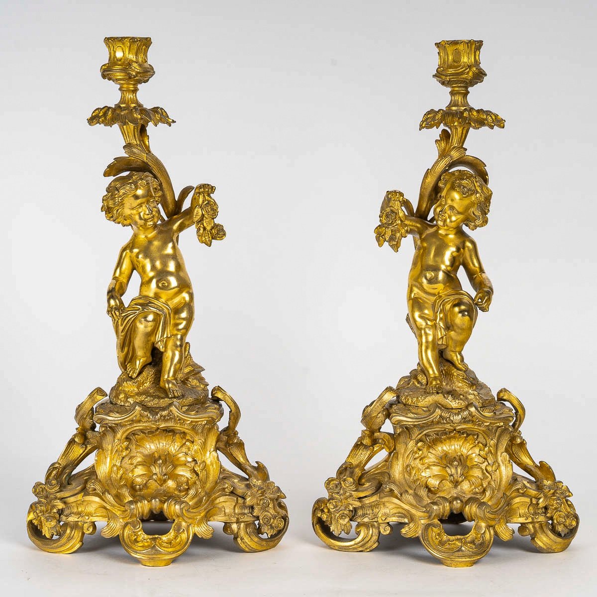 Pair Of Napoleon III Period Gilded And Chiseled Bronze Candlesticks With Putti, Mounted As Lamps-photo-3