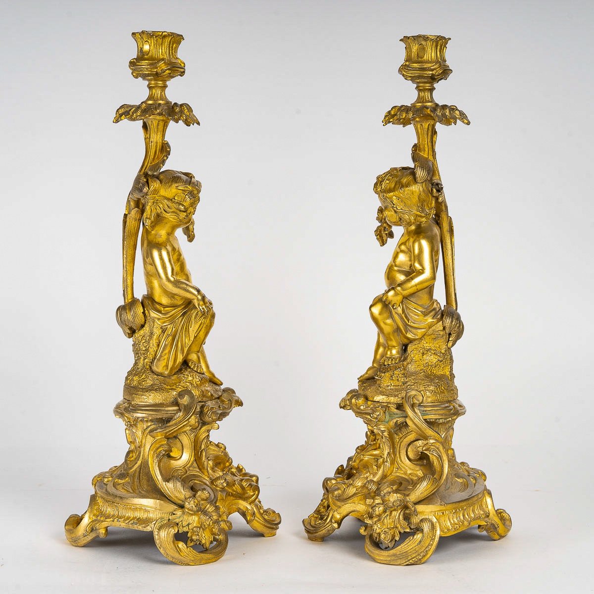 Pair Of Napoleon III Period Gilded And Chiseled Bronze Candlesticks With Putti, Mounted As Lamps-photo-4