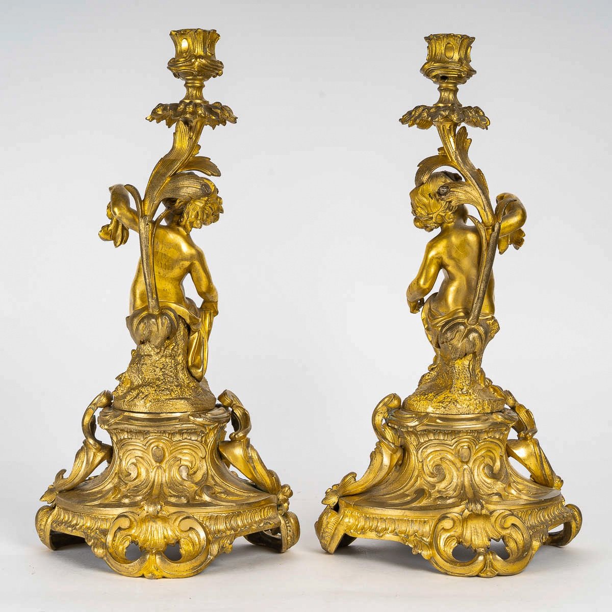 Pair Of Napoleon III Period Gilded And Chiseled Bronze Candlesticks With Putti, Mounted As Lamps-photo-1