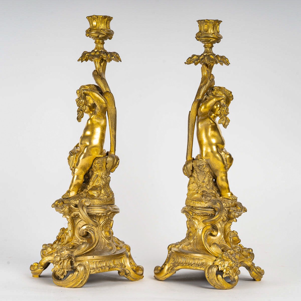 Pair Of Napoleon III Period Gilded And Chiseled Bronze Candlesticks With Putti, Mounted As Lamps-photo-2