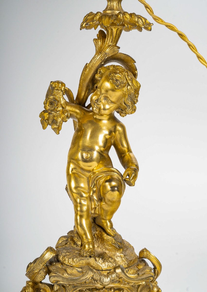 Pair Of Napoleon III Period Gilded And Chiseled Bronze Candlesticks With Putti, Mounted As Lamps-photo-5