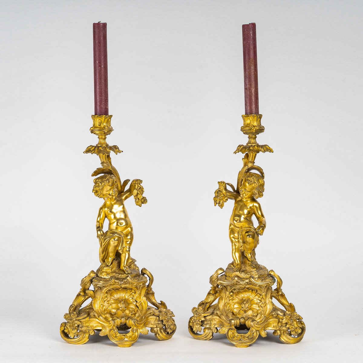 Pair Of Napoleon III Period Gilded And Chiseled Bronze Candlesticks With Putti, Mounted As Lamps-photo-7