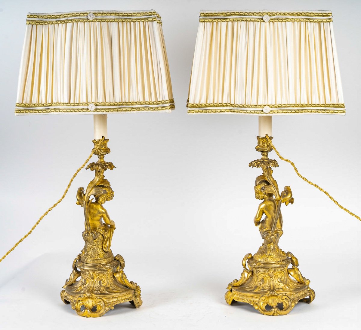 Pair Of Napoleon III Period Gilded And Chiseled Bronze Candlesticks With Putti, Mounted As Lamps-photo-8