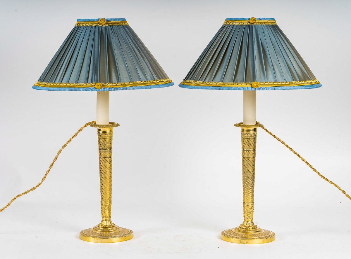 Pair Of Restoration Period Candlesticks In Chiseled And Gilded Bronze Mounted As Lamps Circa 1820-photo-4