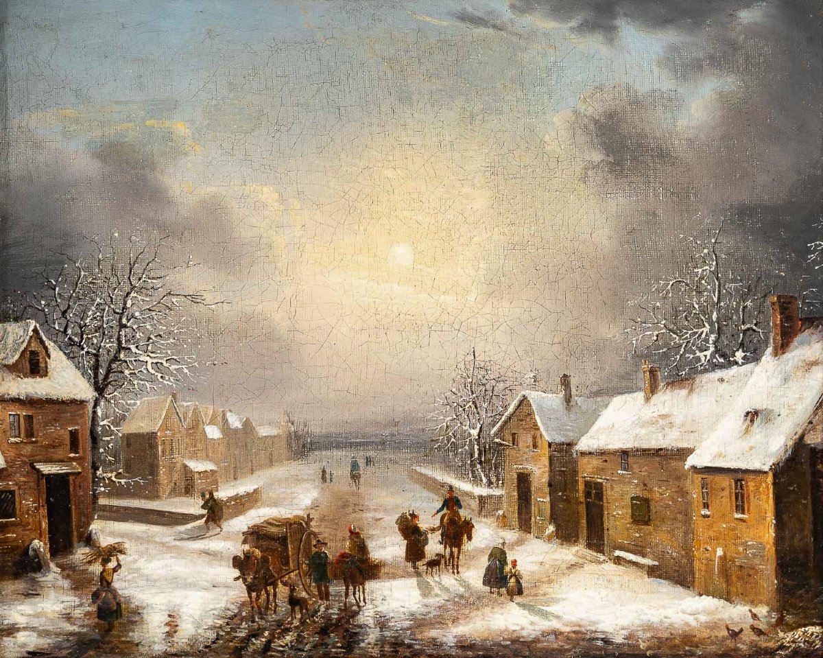 Louis-claude Malbranche (1790-1838) Scène De Vie à La Campagne Sous La Neige Huile Sur Toile-photo-2